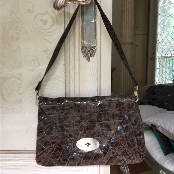 Carla Mancini Handbags - Carla Mancini Vintage Croco Envelope Style Brown Shoulder Bag